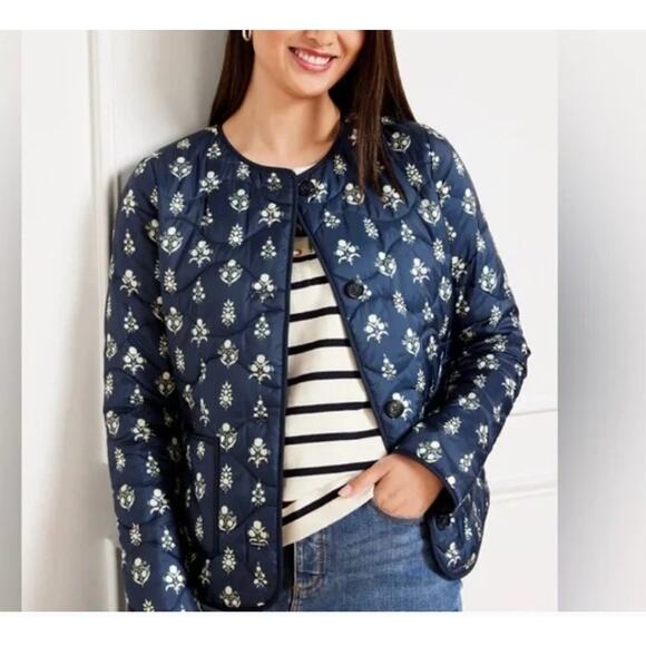 Talbots Jackets & Blazers - Talbots QUILTED JACKET | Plus 2X, Blue & Cream Floral Ditsy Foulard